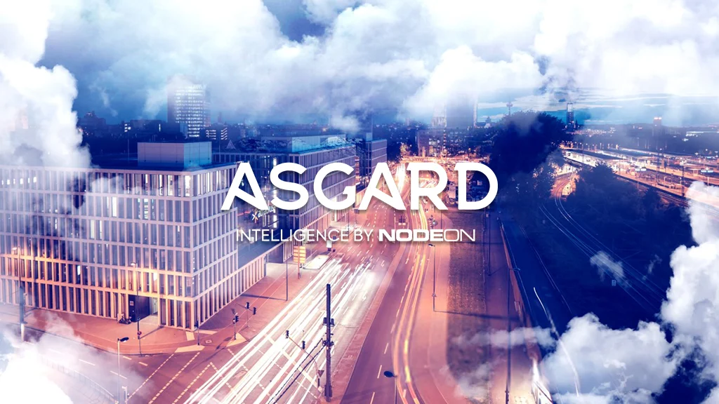 Asgard logo, taustalla kaupunki-infraa